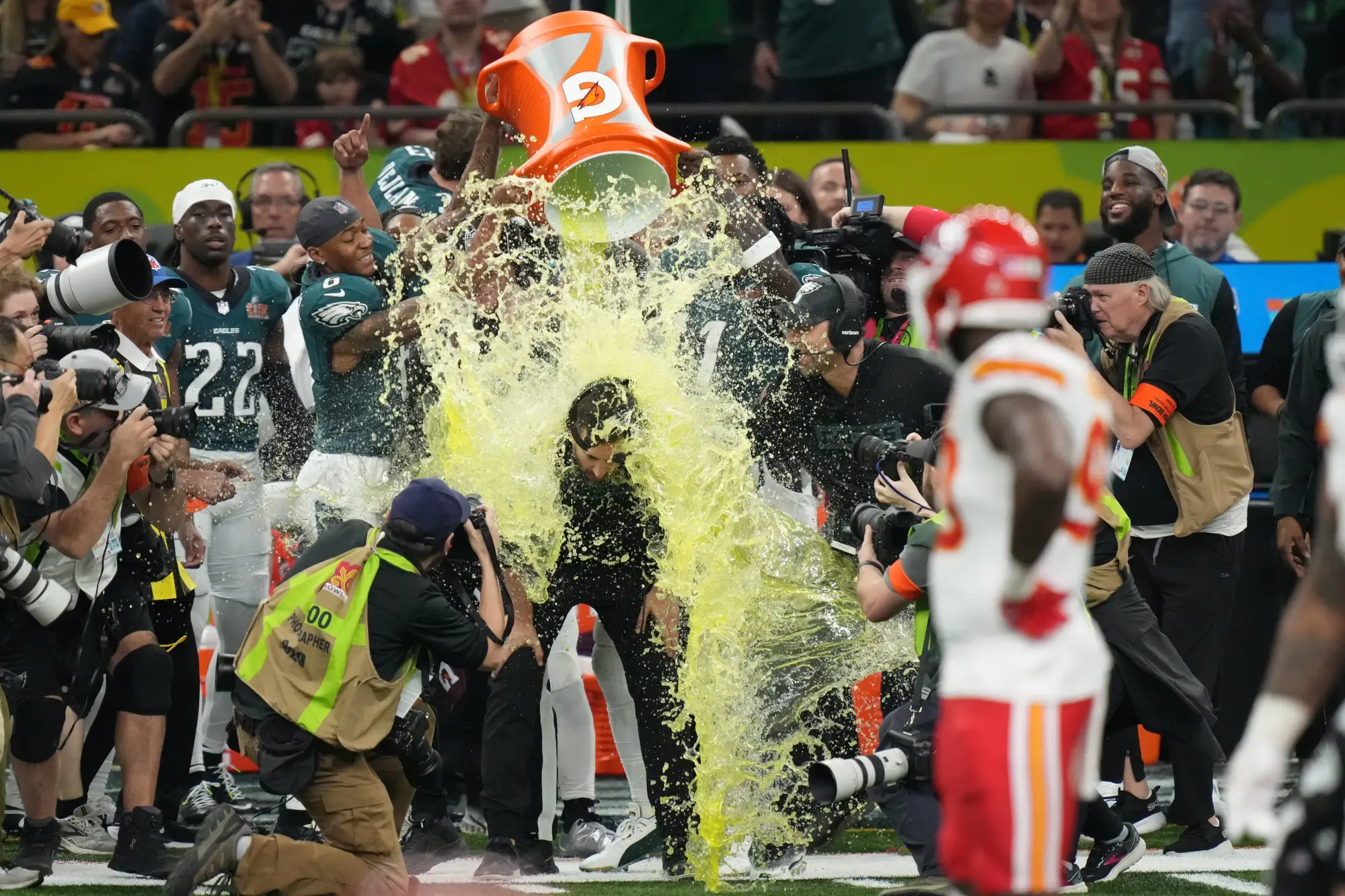 Feb 9, 2025; New Orleans, LA, USA; Philadelphia Eagles head coach Nick Sirianni is dunked with gatorade during the second half of Super Bowl LIX at Caesars Superdome.