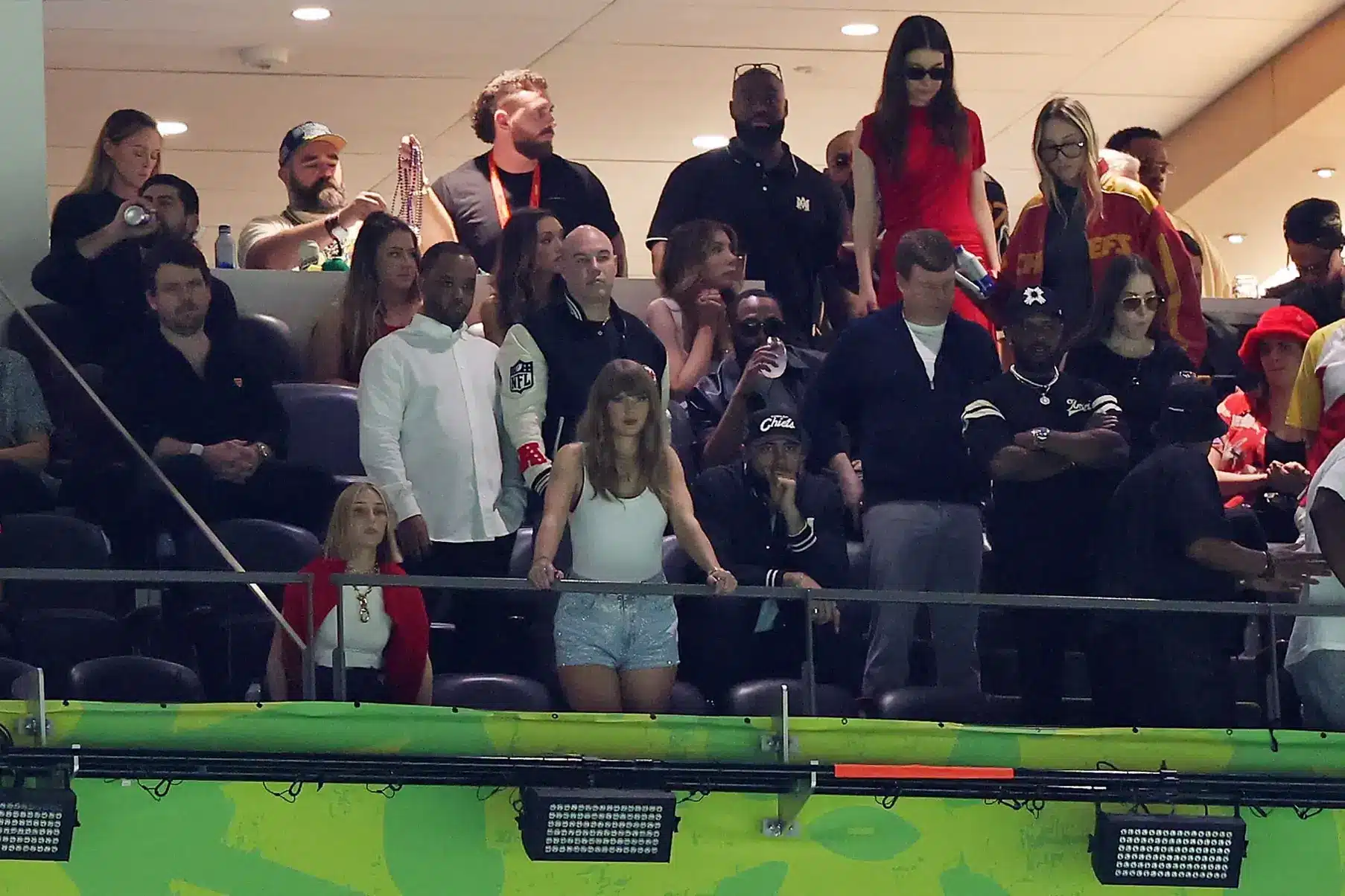 Feb 9, 2025; New Orleans, LA, USA; Recording artist Taylor Swift watches the first half of Super Bowl LIX between the Kansas City Chiefs and the Philadelphia Eagles at Caesars Superdome. 