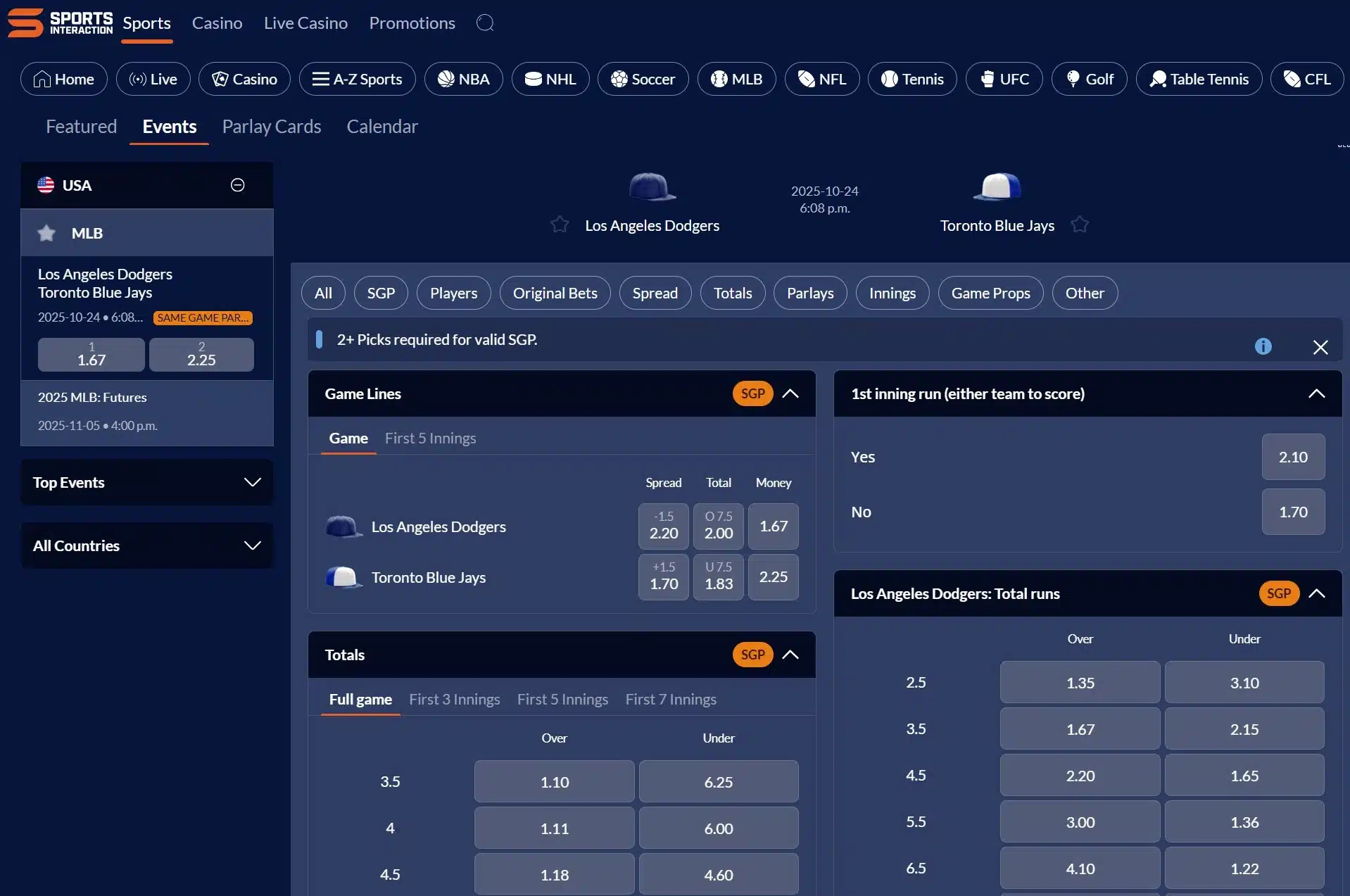 A screenshot of the desktop view of Sports Interaction's Blue Jays odds
