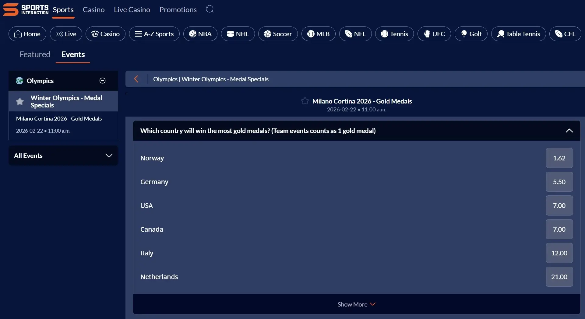 A screenshot of the desktop view of Sports Interaction's Winter Olympics medal odds.