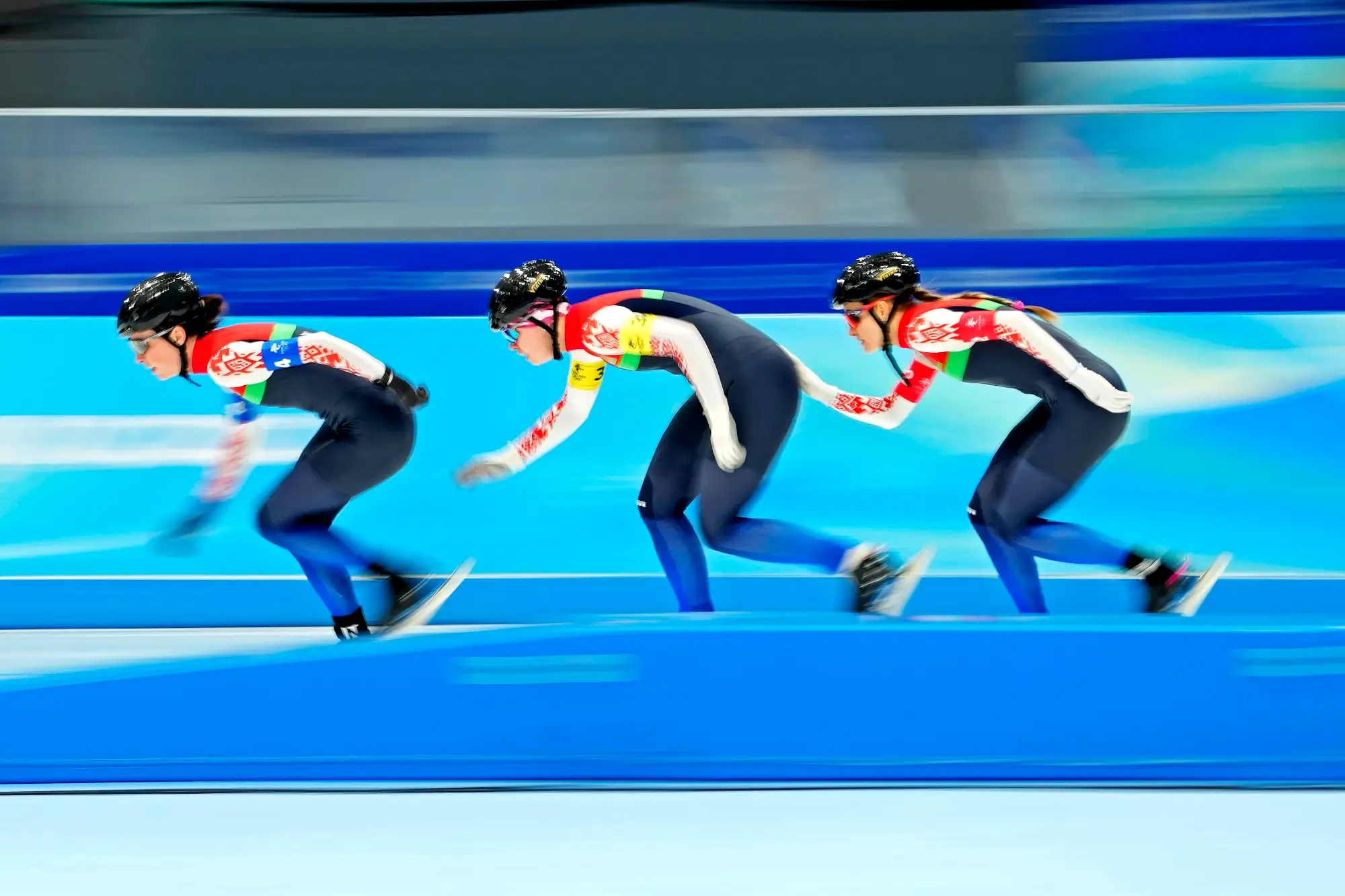 Feb 15, 2022; Beijing, China; Team Korea during the women's speed skating team pursuit during the Beijing 2022 Olympic Winter Games at National Speed Skating Oval.