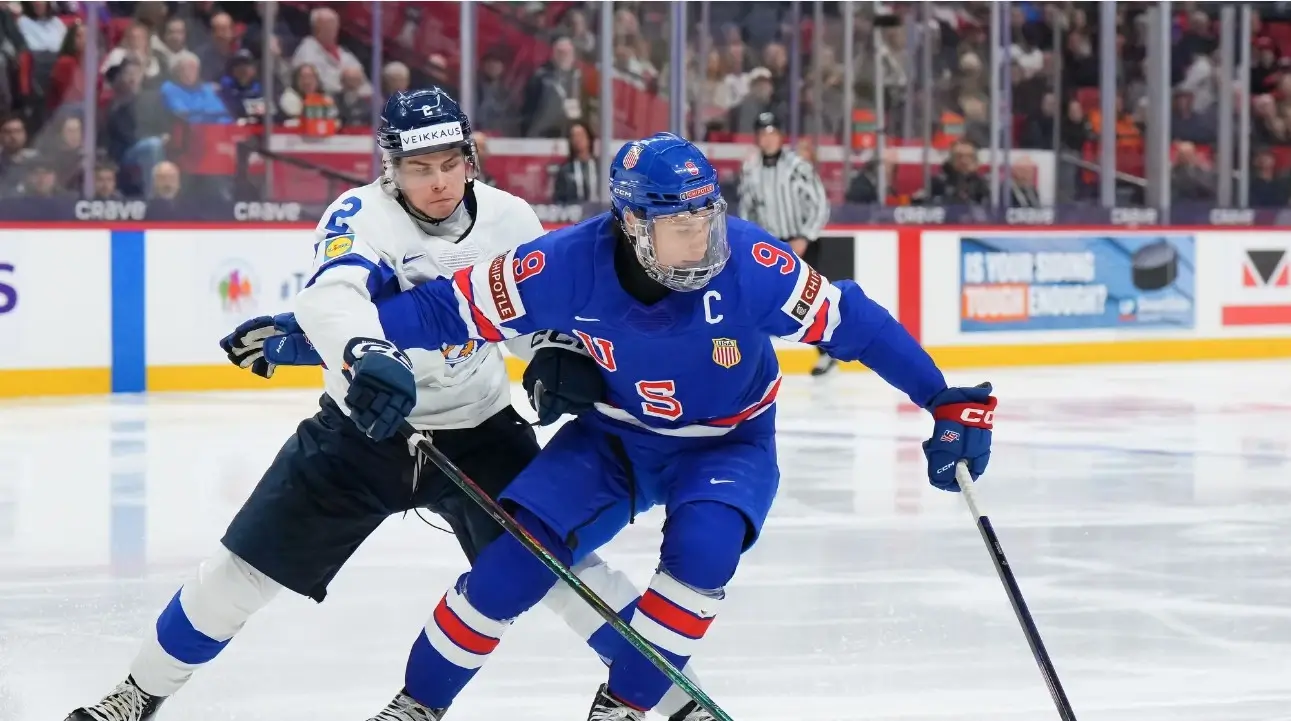 Team USA's captain battles a player from Team Finland in last year's IIHF World Juniors tournament.