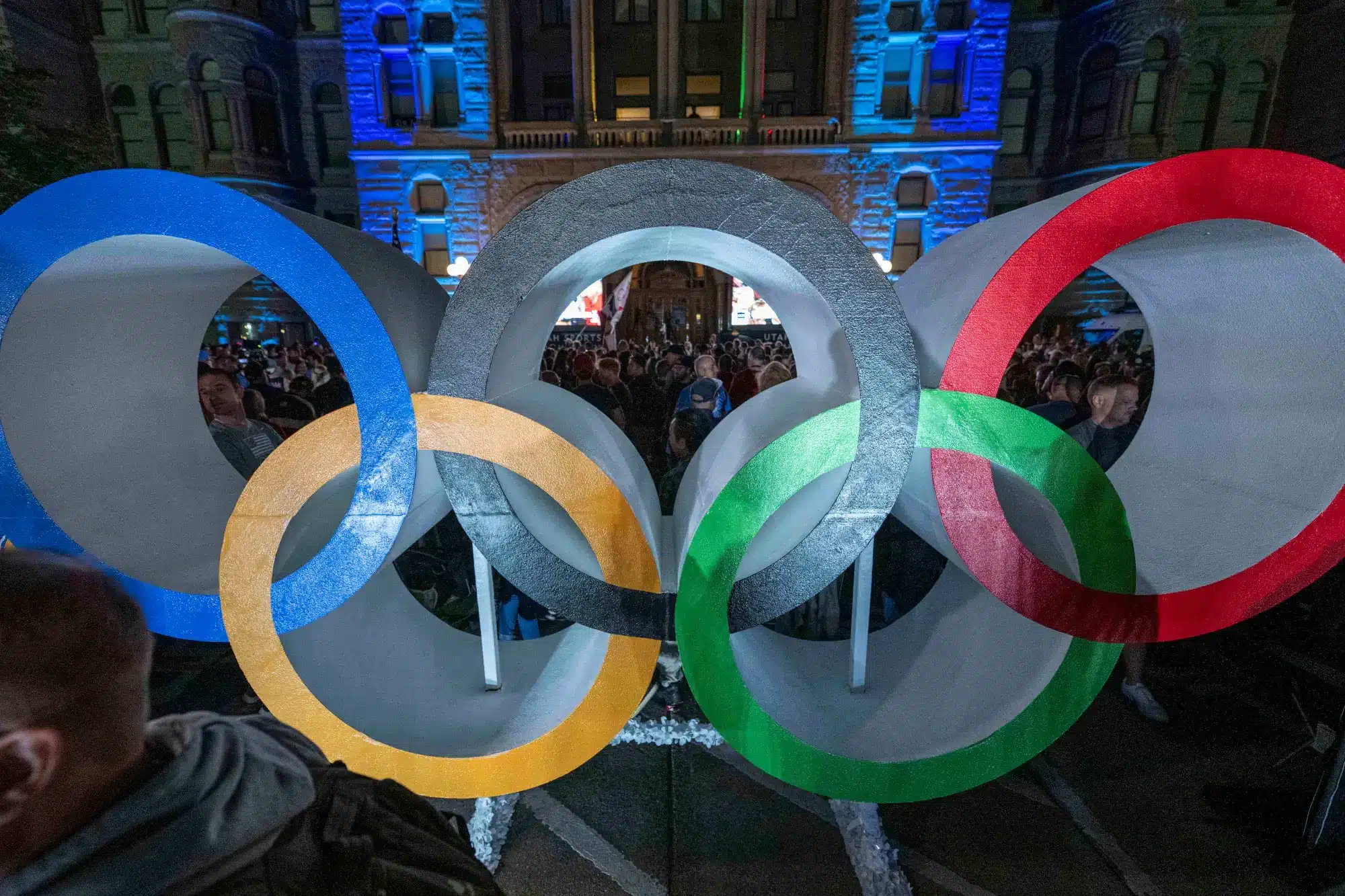 The Olympic rings on display during the announcement for the host city for the 2034 Winter Olympic and Paralympic Games at Washington Square.