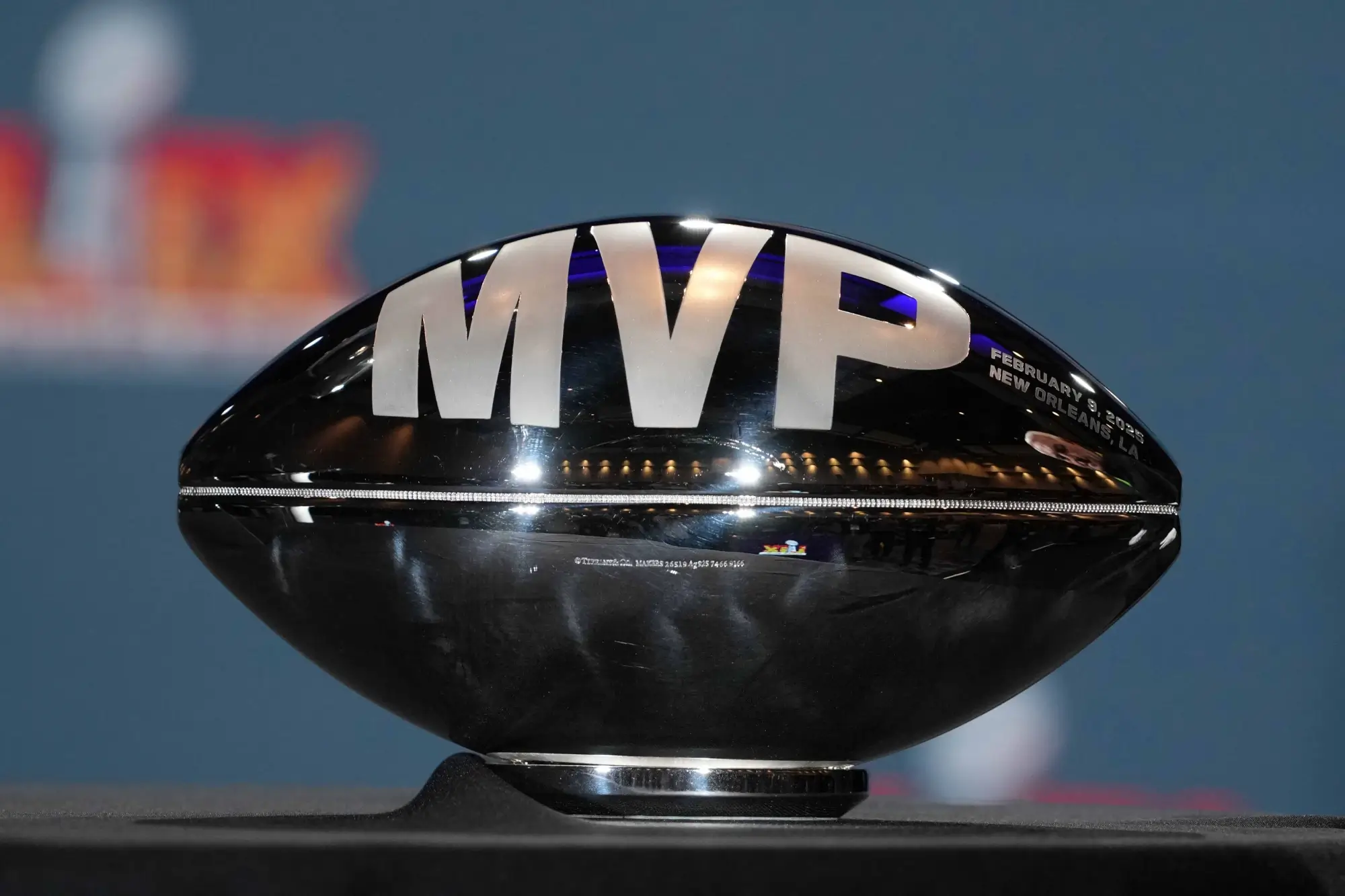 Feb 10, 2025; New Orleans, LA, USA; The Super Bowl MVP trophy at the Super Bowl LIX Winning Head Coach and Most Valuable Player press conference at the Ernest N. Morial Convention Center. 