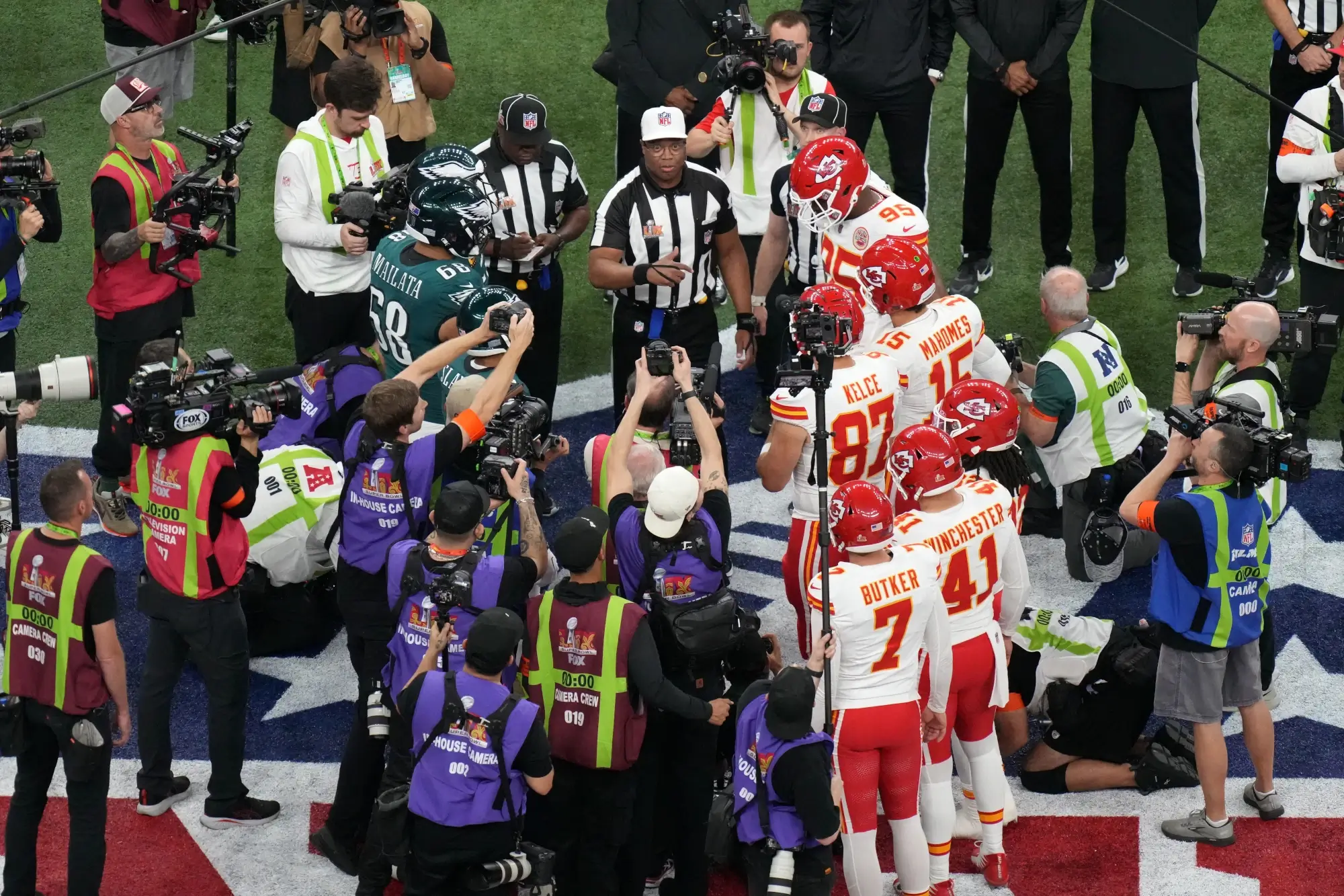 Feb 9, 2025; New Orleans, LA, USA; The captains for the Philadelphia Eagles and Kansas City Chiefs participate in the coin toss before Super Bowl LIX at Caesars Superdome.