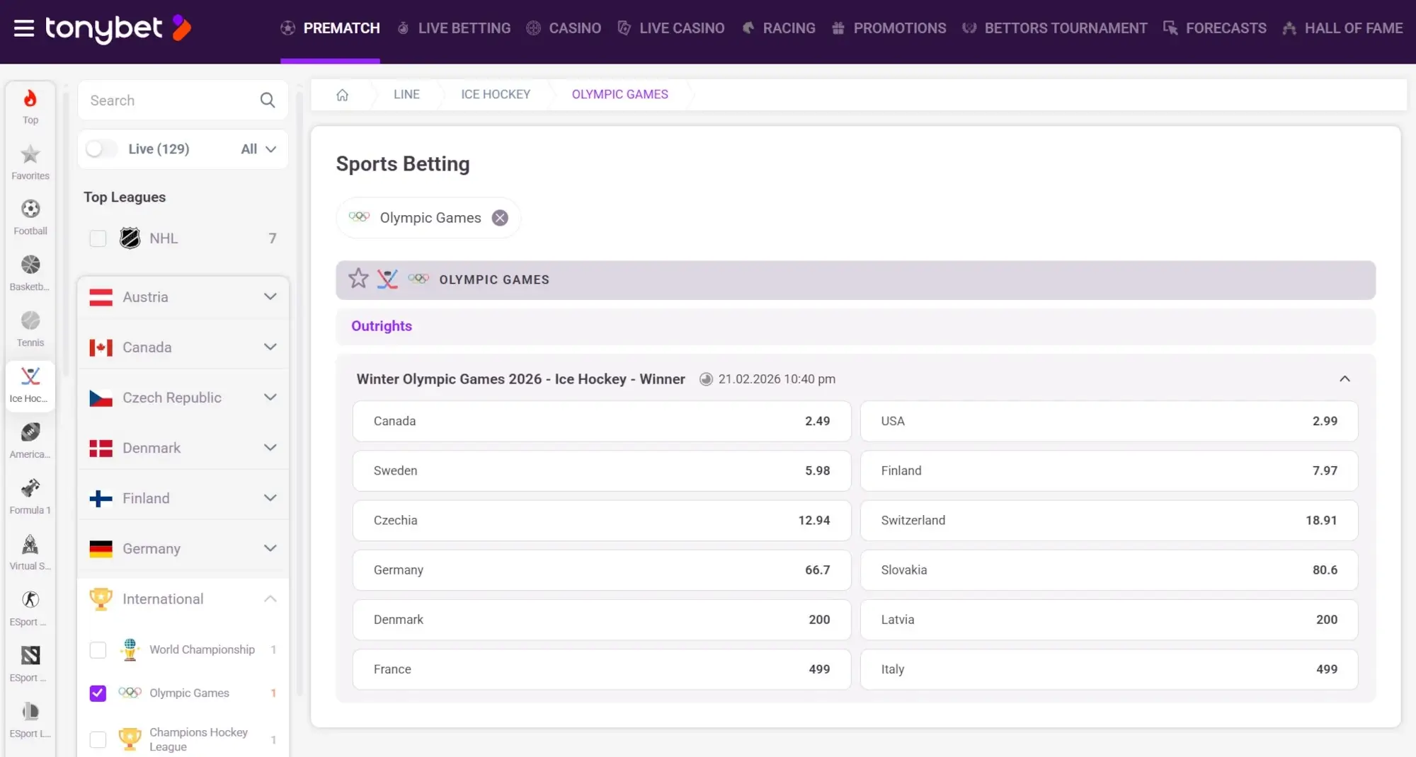 A screenshot of the desktop view of TonyBet's Winter Olympics Ice Hockey odds.
