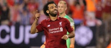 Liverpool forward Mohamed Salah (11) celebrates his goal against Manchester City during the second half of an International Champions Cup soccer match at MetLife Stadium