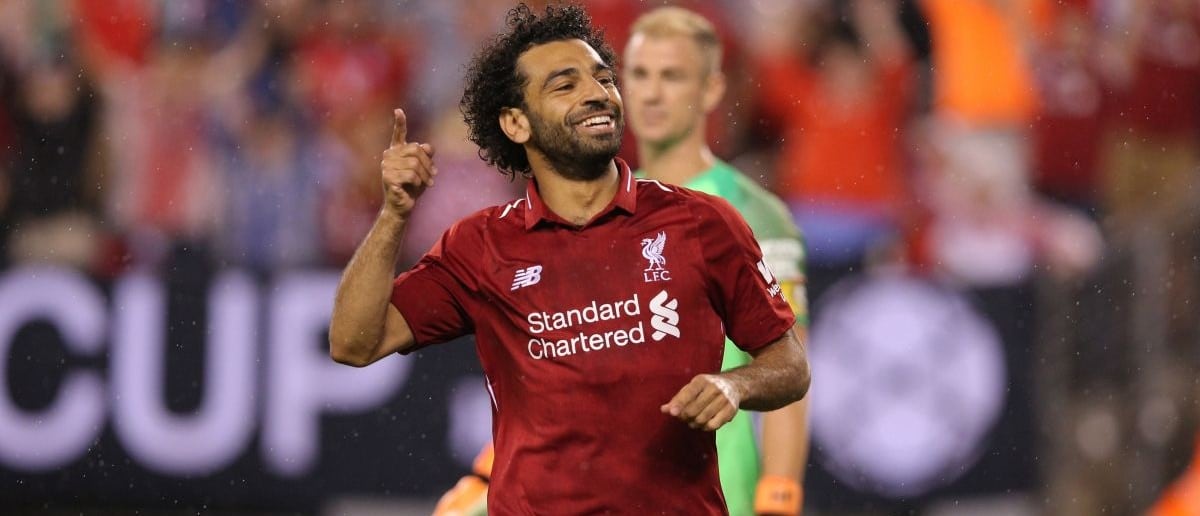 Liverpool forward Mohamed Salah (11) celebrates his goal against Manchester City during the second half of an International Champions Cup soccer match at MetLife Stadium