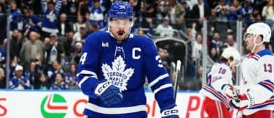 Toronto Maple Leafs center Auston Matthews (34) celebrates after scoring a goal against the New York Rangers during the third period at Scotiabank Arena.
