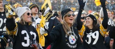 Pittsburgh Steelers fans cheer the team against the Cleveland Browns during the first quarter at Acrisure Stadium.