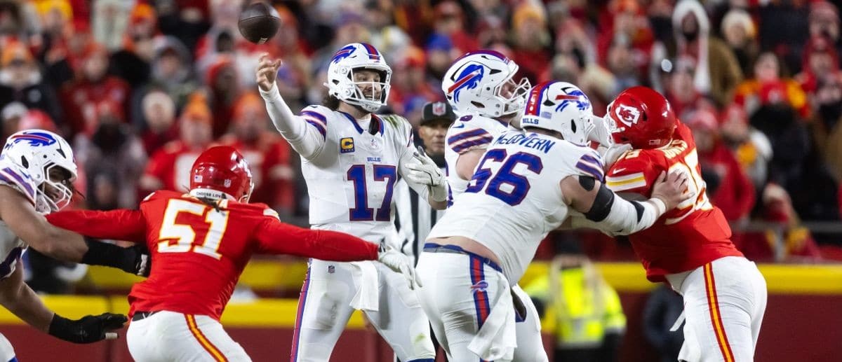 Buffalo Bills quarterback Josh Allen (17) against the Kansas City Chiefs during the AFC Championship game at GEHA Field at Arrowhead Stadium.