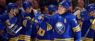 Buffalo Sabres center Tage Thompson (72) celebrates his second goal of the game with teammates during the third period against the Boston Bruins at KeyBank Center