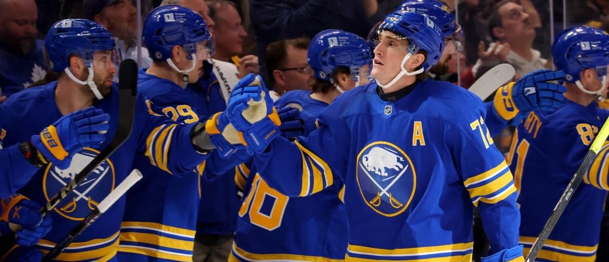 Buffalo Sabres center Tage Thompson (72) celebrates his second goal of the game with teammates during the third period against the Boston Bruins at KeyBank Center