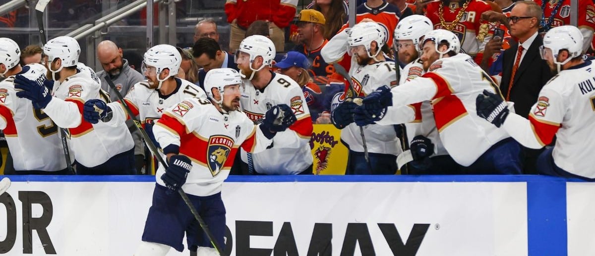 Florida Panthers forward Brad Marchand (63) celebrates scoring during the third period against the Edmonton Oilers in game five of the 2025 Stanley Cup Final at Rogers Place.