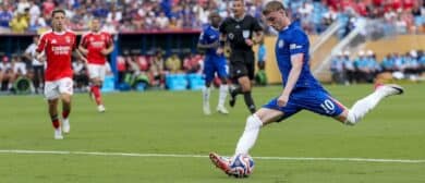 Chelsea FC midfielder Cole Palmer (10) kicks the ball during the second half during a round of 16 match of the 2025 FIFA Club World Cup at Bank of America Stadium.