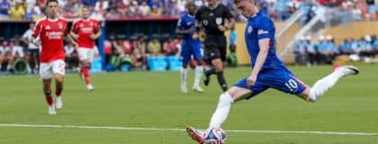 Chelsea FC midfielder Cole Palmer (10) kicks the ball during the second half during a round of 16 match of the 2025 FIFA Club World Cup at Bank of America Stadium.
