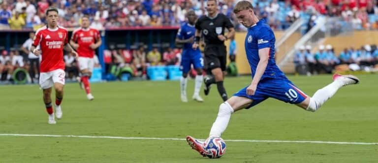 Chelsea FC midfielder Cole Palmer (10) kicks the ball during the second half during a round of 16 match of the 2025 FIFA Club World Cup at Bank of America Stadium.