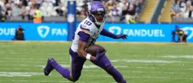 Minnesota Vikings wide receiver Justin Jefferson (18) runs for a gain during the second quarter against the Pittsburgh Steelers during an NFL International Series game at Croke Park