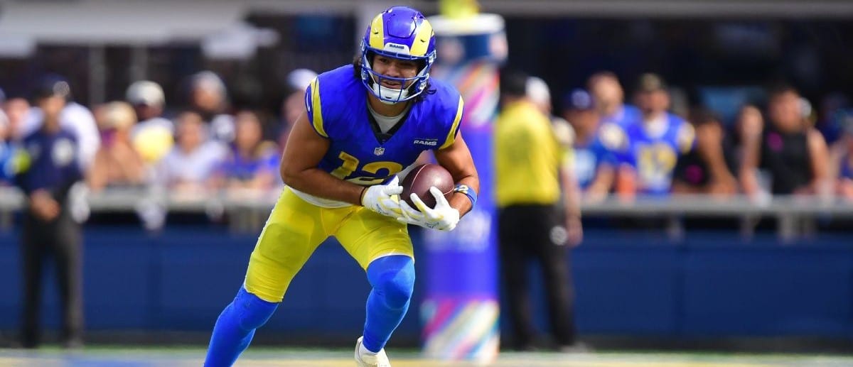 Los Angeles Rams wide receiver Puka Nacua (12) runs the ball against the Indianapolis Colts during the second half at SoFi Stadium.