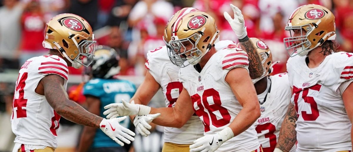 San Francisco 49ers tight end Jake Tonges (88) celebrates after a touchdown during the second half against the Jacksonville Jaguars at Levi's Stadium.