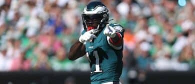 Philadelphia Eagles wide receiver A.J. Brown (11) reacts after a catch against the Denver Broncos in the second quarter at Lincoln Financial Field.