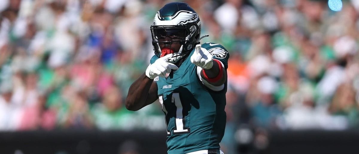 Philadelphia Eagles wide receiver A.J. Brown (11) reacts after a catch against the Denver Broncos in the second quarter at Lincoln Financial Field.