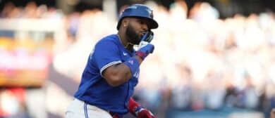 Toronto Blue Jays first baseman Vladimir Guerrero Jr. (27) celebrates after hitting a grand slam in the fourth inning against the New York Yankees during game two of the ALDS round for the 2025 MLB playoffs at Rogers Centre.
