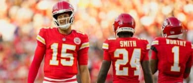 Kansas City Chiefs quarterback Patrick Mahomes (15) reacts during the second half against the Baltimore Ravens at GEHA Field at Arrowhead Stadium.