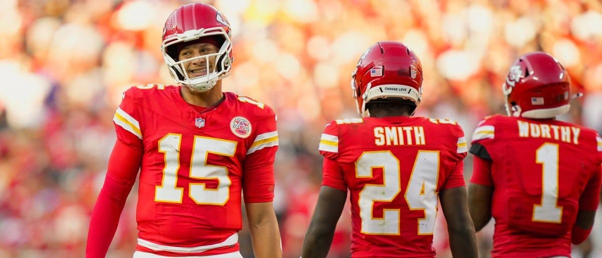 Kansas City Chiefs quarterback Patrick Mahomes (15) reacts during the second half against the Baltimore Ravens at GEHA Field at Arrowhead Stadium.