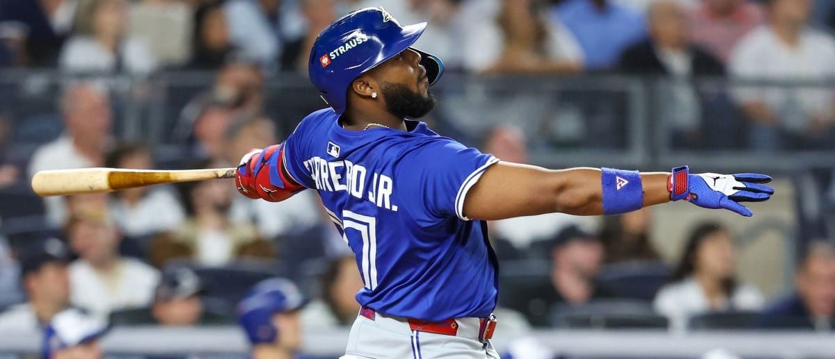 Toronto Blue Jays first baseman Vladimir Guerrero Jr. (27) hits a two-run home run in the first inning against the New York Yankees during game three of the ALDS round for the 2025 MLB playoffs at Yankee Stadium.