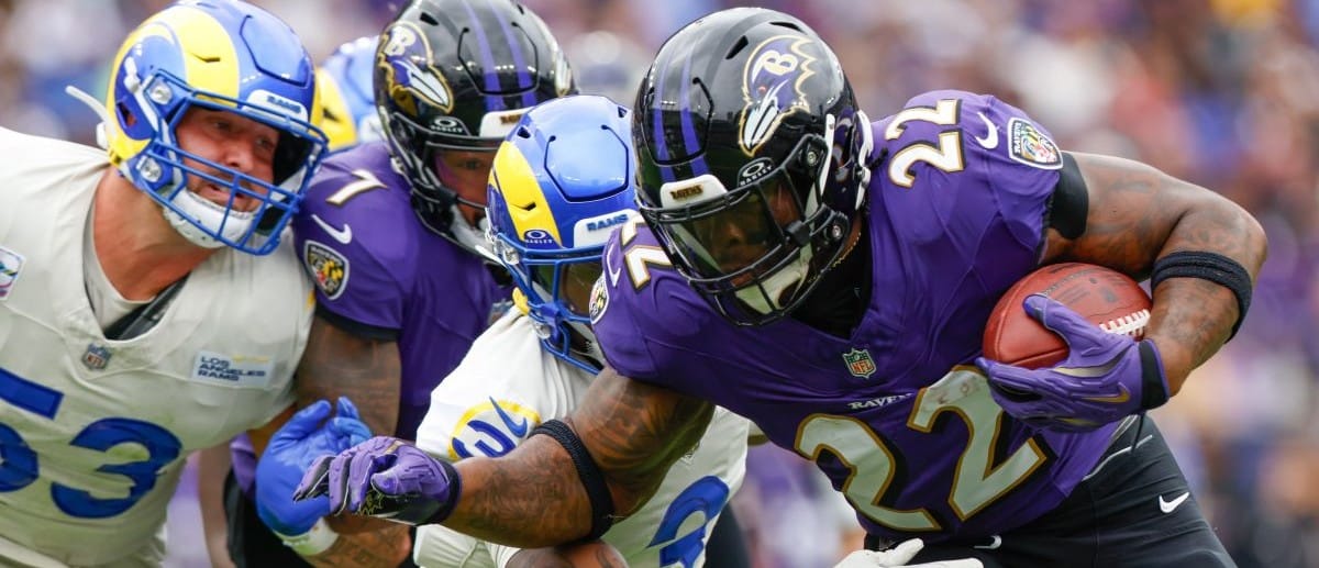 Los Angeles Rams safety Kam Curl (3) tackles Baltimore Ravens running back Derrick Henry (22) during the first quarter of the game at M&T Bank Stadium.