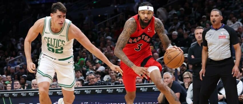 Toronto Raptors forward Brandon Ingram (3) dribbles down the court during the second half against the Boston Celtics at TD Garden.