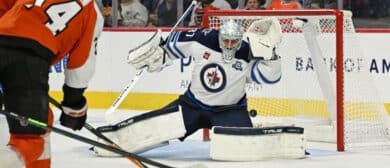 Philadelphia Flyers right wing Owen Tippett (74) scores a goal past Winnipeg Jets goaltender Connor Hellebuyck (37) during the second period at Wells Fargo Center.