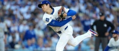 Los Angeles Dodgers two-way player Shohei Ohtani (17) pitches against the Milwaukee Brewers in the first inning during game four of the NLCS round for the 2025 MLB playoffs at Dodger Stadium.
