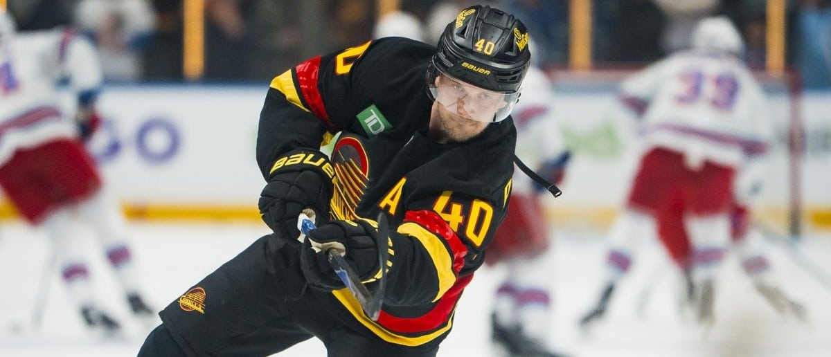 Vancouver Canucks forward Elias Pettersson (40) shoots during warm up prior to a game against the New York Rangers at Rogers Arena.