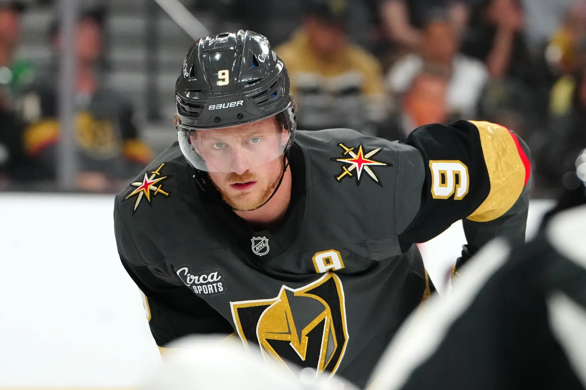 Oct 20, 2025; Las Vegas, Nevada, USA;Vegas Golden Knights center Jack Eichel (9) prepares for a face off against the Carolina Hurricanes during the first period at T-Mobile Arena.