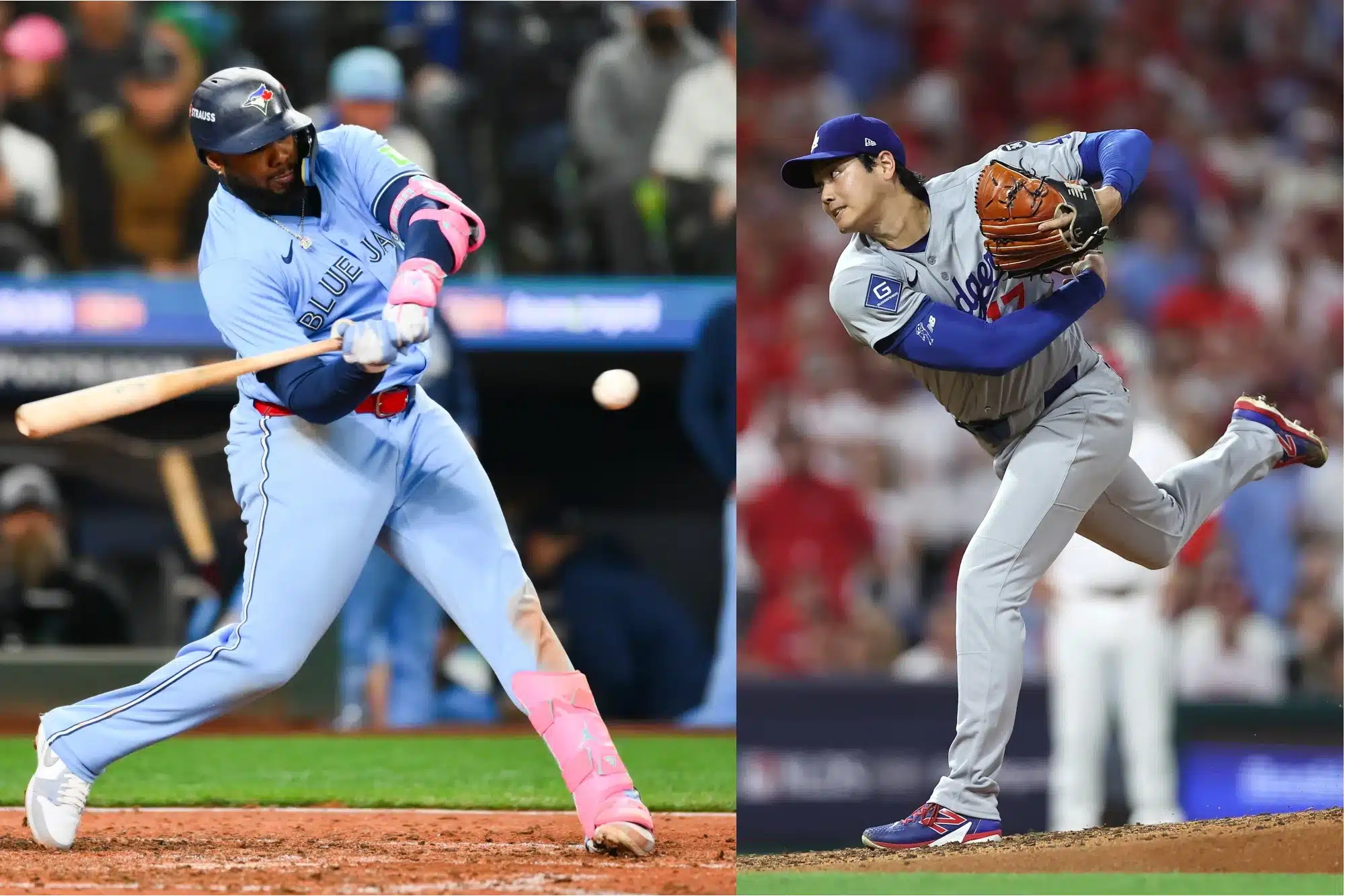 A split image of Vladimir Guerrero Jr. swinging at a pitch on the left and Shohei Ohtani delivering a pitch on the right side