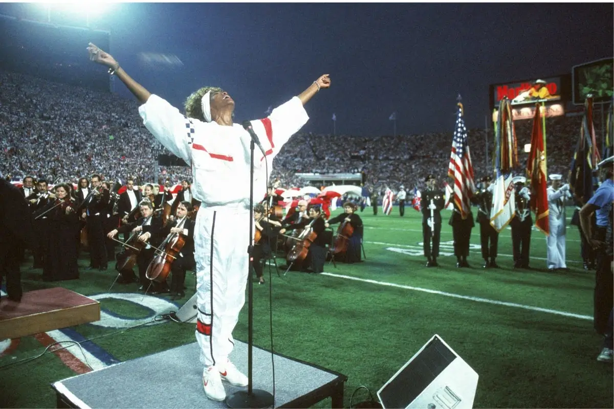 Whitney Houston signing the national anthem at Super Bowl XXV on January 27th, 1991.