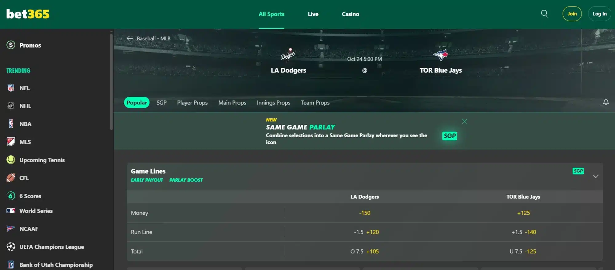 A screenshot of the desktop view of bet365's Blue Jays odds