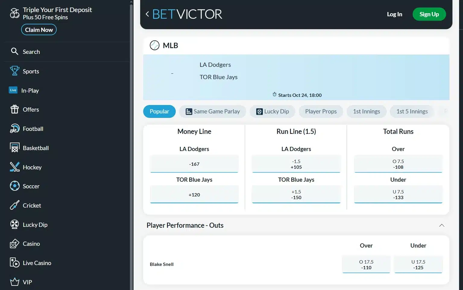 A screenshot of the desktop view of BetVictor's Blue Jays odds