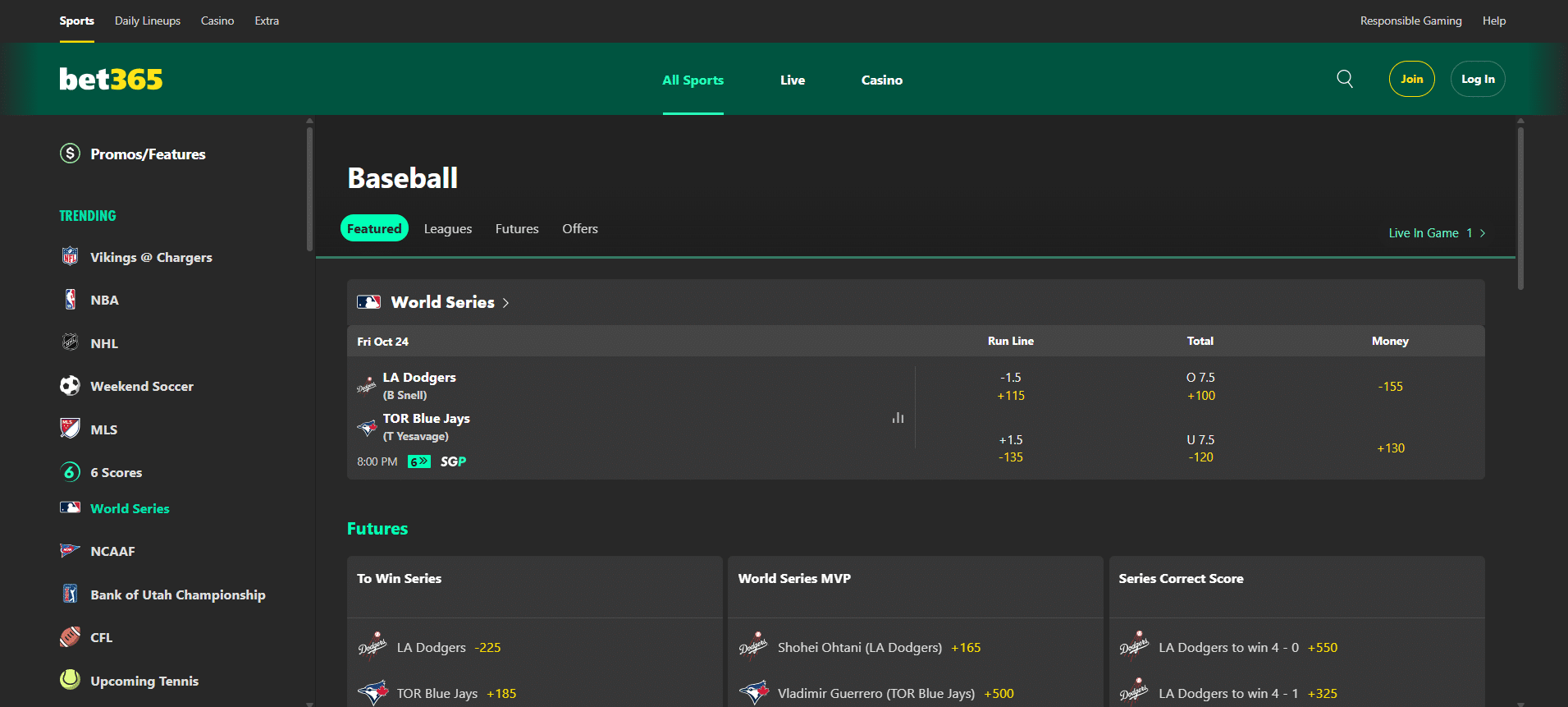 A screenshot desktop view of bet365's baseball betting page.