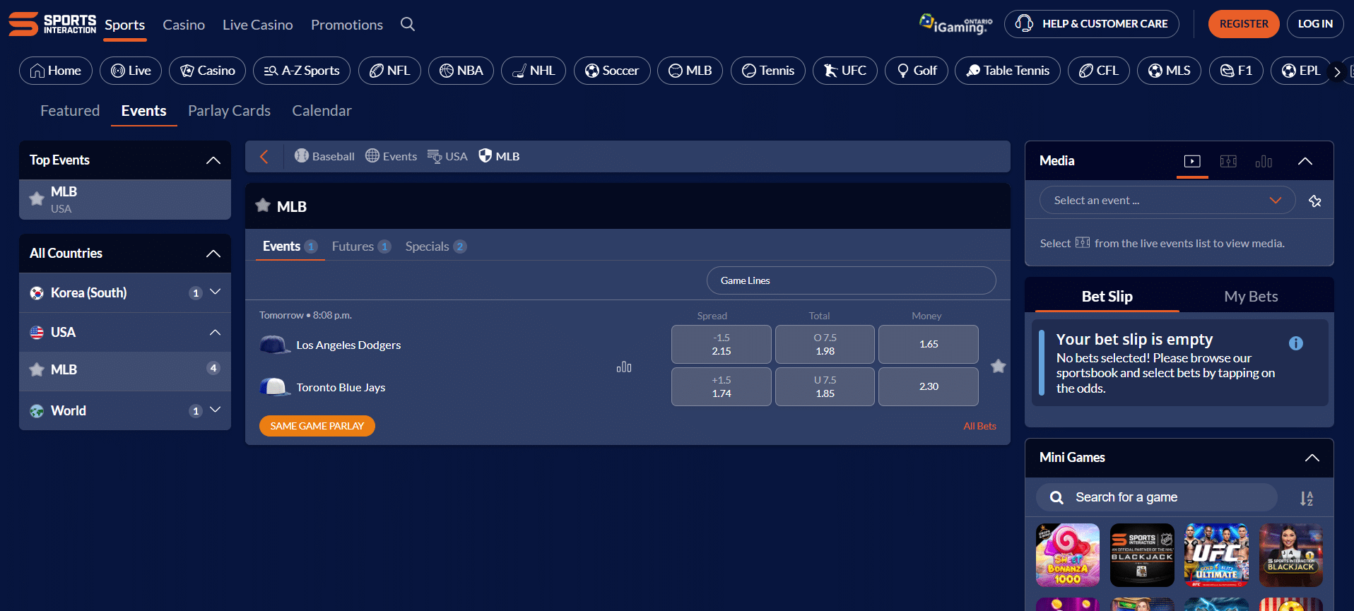 A screenshot desktop view of Sports Interaction's MLB betting page.