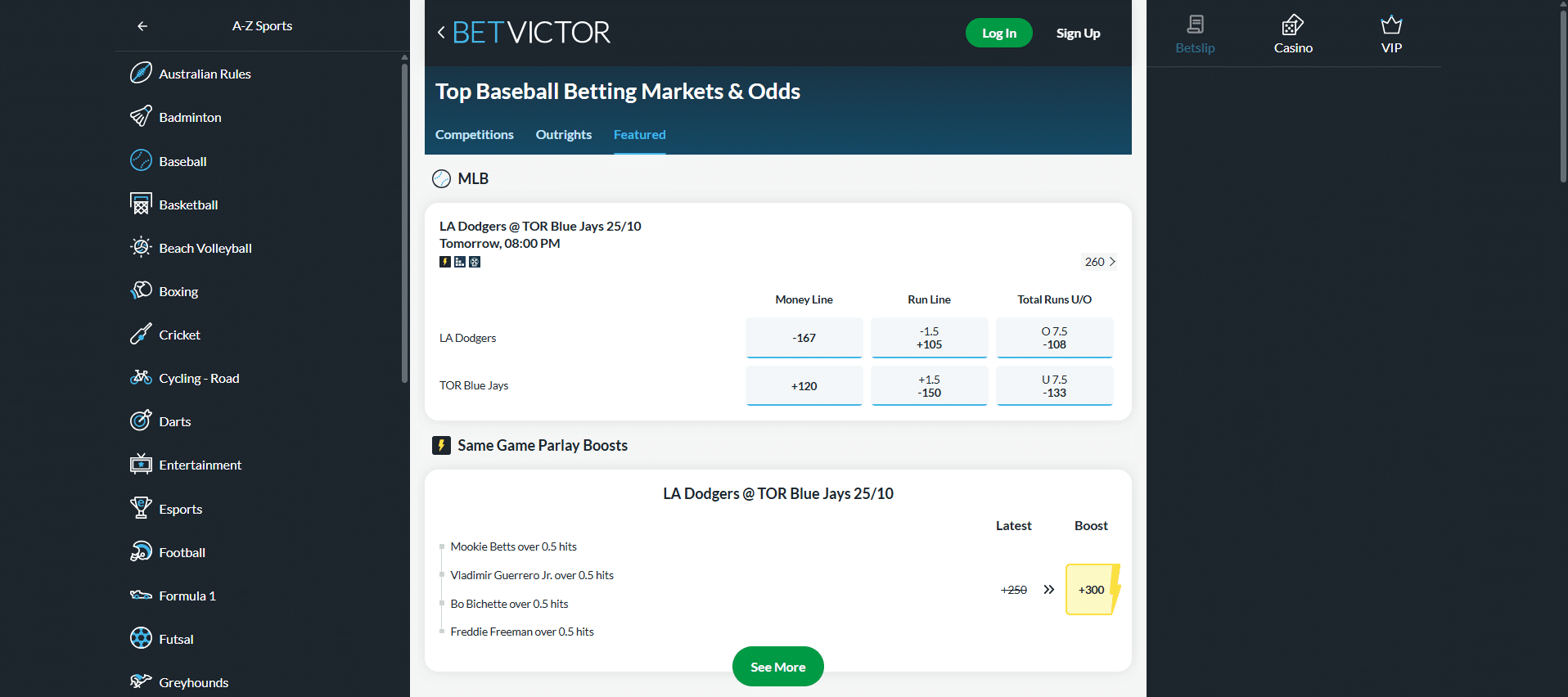 A screenshot desktop view of BetVictor's featured baseball betting page.
