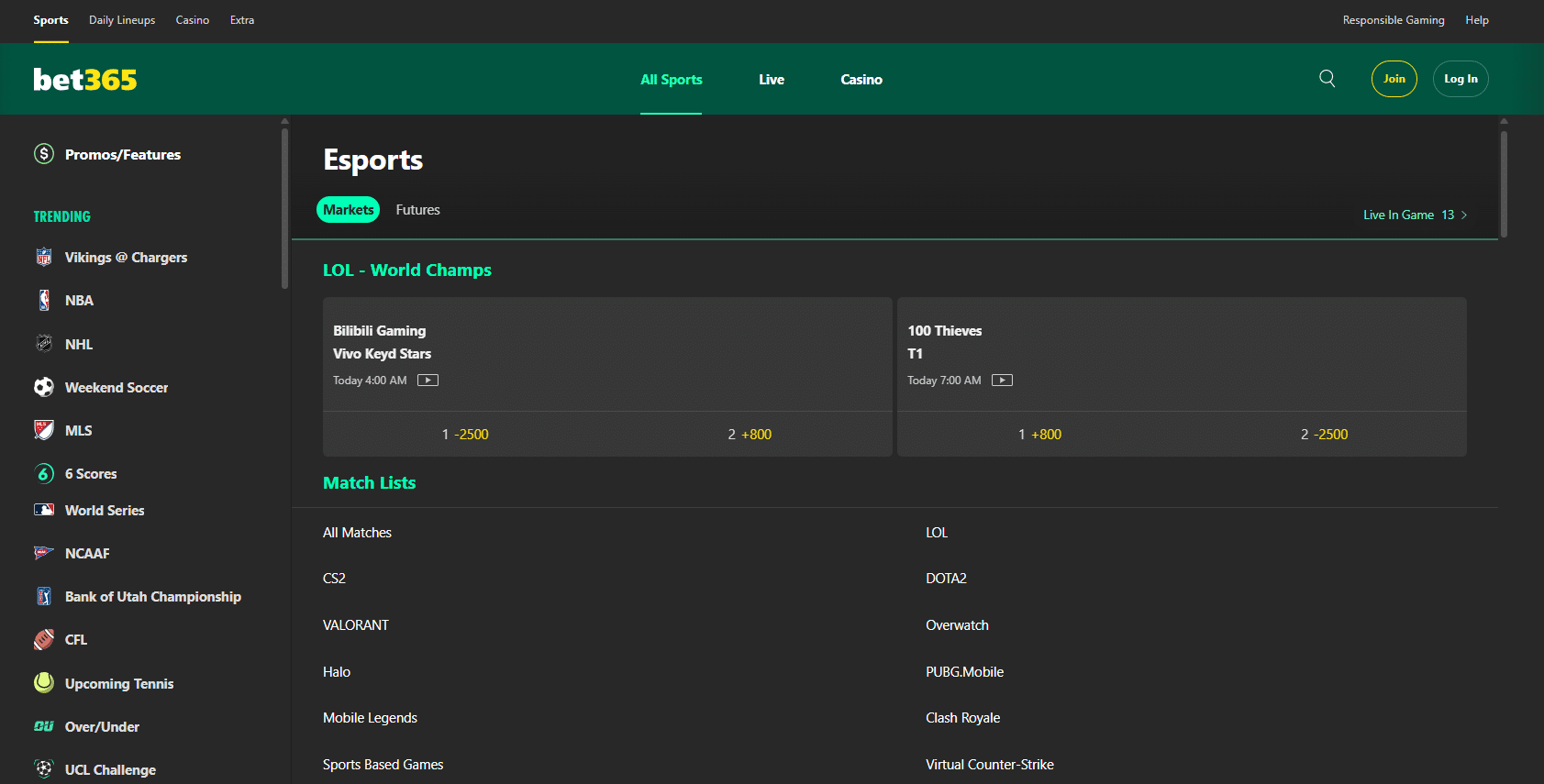 A screenshot desktop view of bet365's esports betting page.