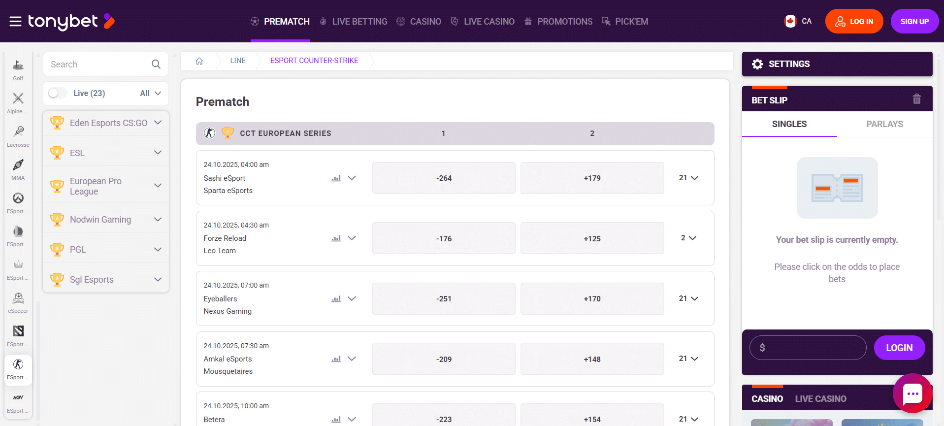 A screenshot desktop view of TonyBet's esports Counter-Strike betting page.