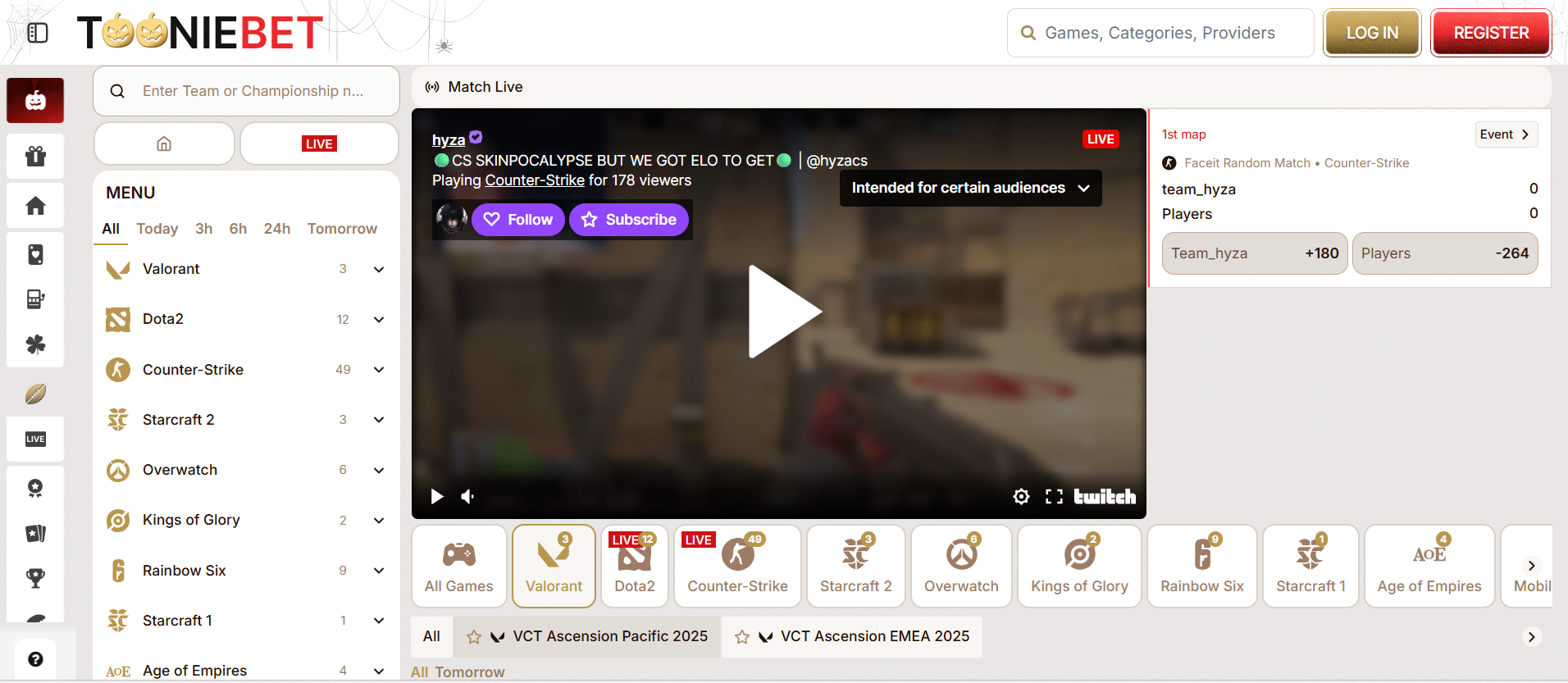 A screenshot desktop view of ToonieBet's esports Valorant betting page.