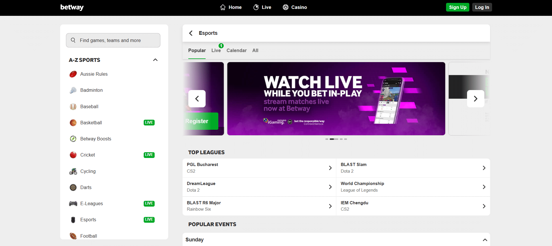 A screenshot desktop view of betway's esports betting page.