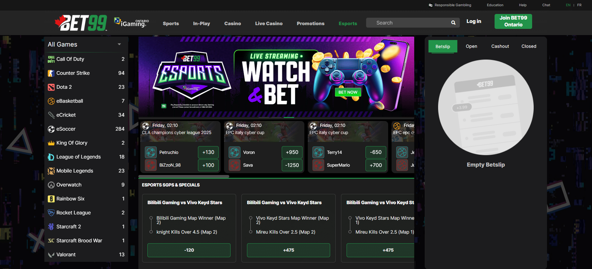 A screenshot desktop view of BET99's esports betting hub.