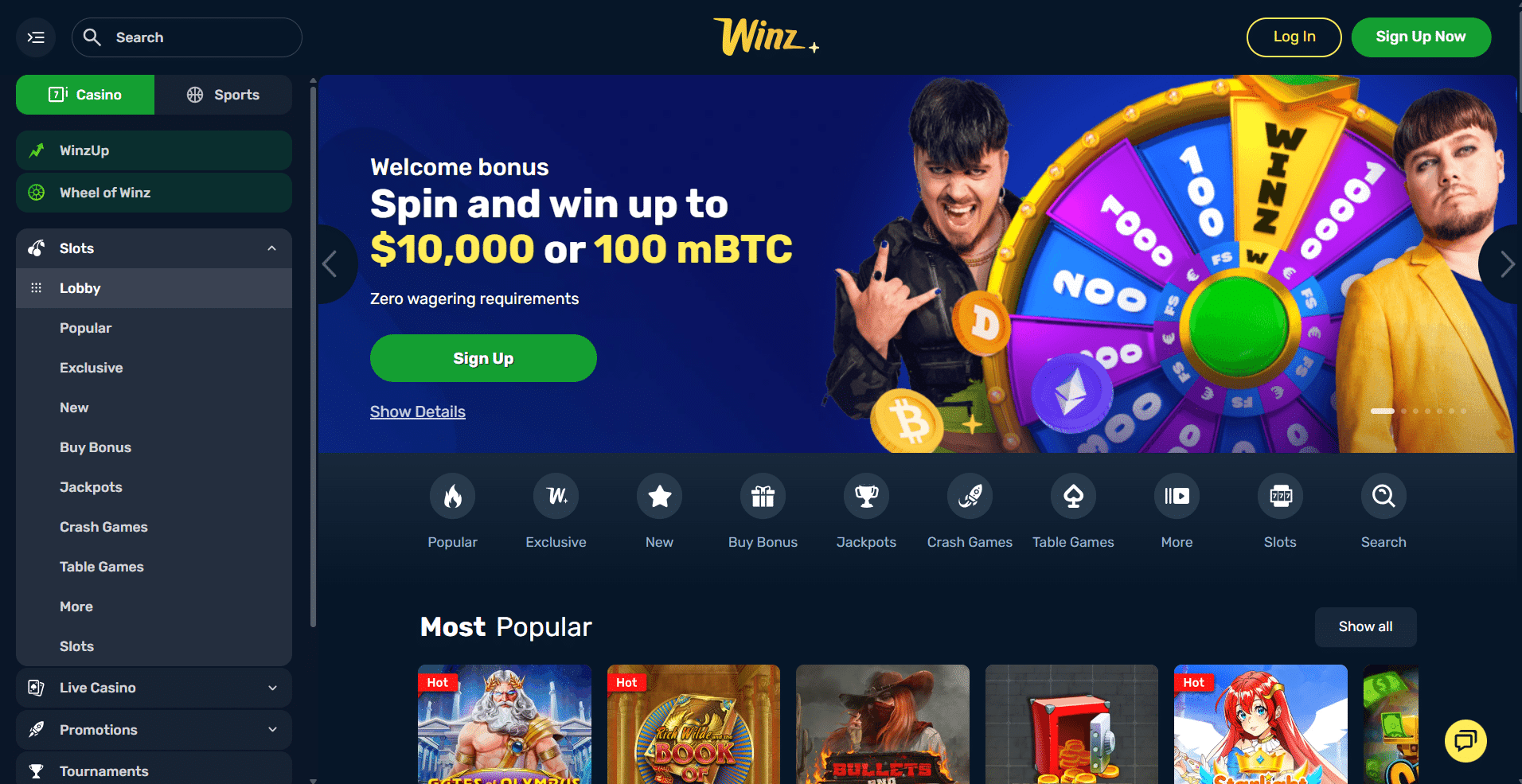 Screenshot of Winz.io crypto casino