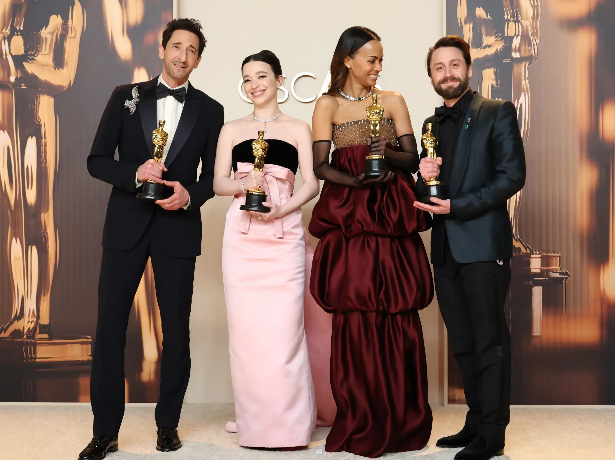 Mar 2, 2025; Los Angeles, CA, USA; (L-R) Adrien Brody, Mikey Madison, Zoe Saldana and Kieran Culkin at the 97th Oscars at the Dolby Theatre at Ovation Hollywood in Los Angeles on Sunday, March 2, 2025.